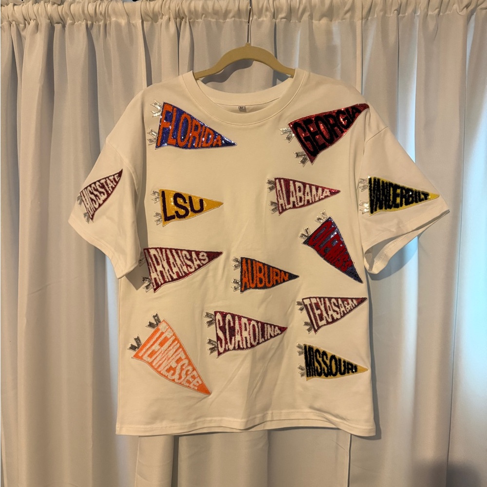 Embellished White Short Sleeve Tee with Collegiate Pennant Appliqués